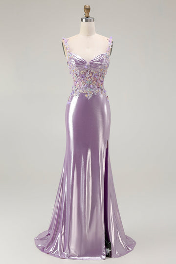 Sparkly Lilac Mermaid Appliqued Beaded Long Formal Dress with Slit